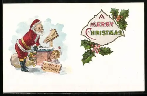 AK Weihnachtsmann sieht in einem Schornstein, Mistelzweige