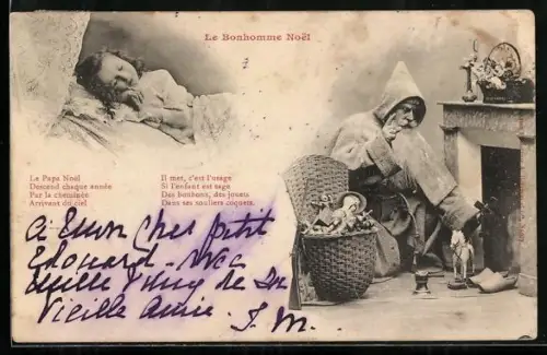 AK Le Bonhomme Noel, Weihnachtsmann platziert Geschenke