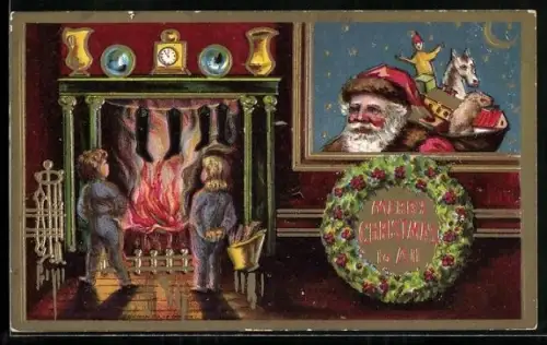 Präge-AK Porträt mit Weihnachtsmann in einem stattlichen Zimmer mit grossem Kamin