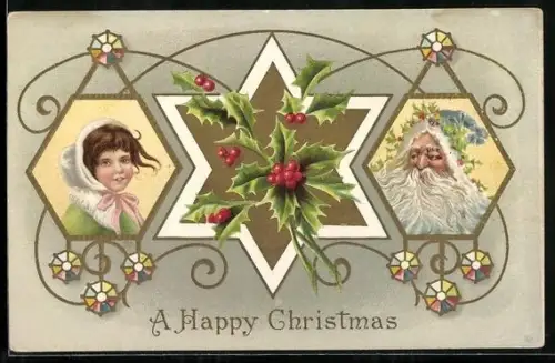 Präge-AK Porträts des Weihnachtsmanns und eines Mädchens mit Kopfhaube, zwischen ihnen Stechpalmen