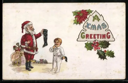AK A Xmas Greeting, Weihnachtsmann mit dem Strumpf eines Jungen