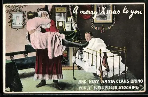 AK Weihnachtsmann beschenkt einen Mann in einem Kinderbett mit einer Frau