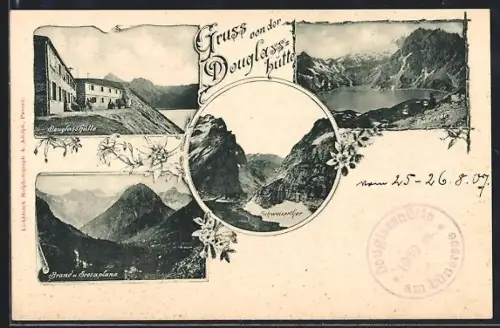 AK Douglashütte, Blick zur Berghütte, Brand u. Seesaplana, Schweizertor