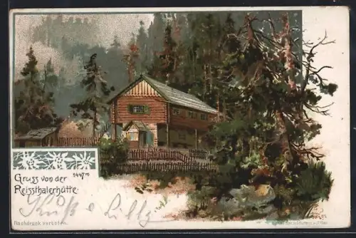 Lithographie Reissthalerhütte am Waldrand