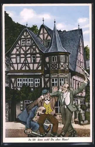 Künstler-AK Bacharach /Rh., Gasthaus Altes Haus und Betrunkene
