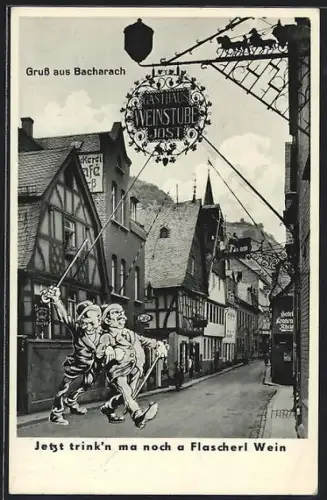 AK Bacharach /Rh., Gasthaus Weinstube Jost mit Strasse, Angetrunkene Gäste