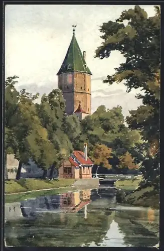 Künstler-AK Augsburg, Jakobertor, Flusspartie