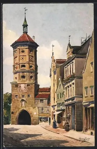 Künstler-AK Augsburg, Wertachbruckertor im Sonnenschein
