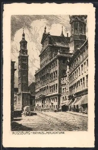 Künstler-AK Augsburg, Rathaus u. Perlachturm
