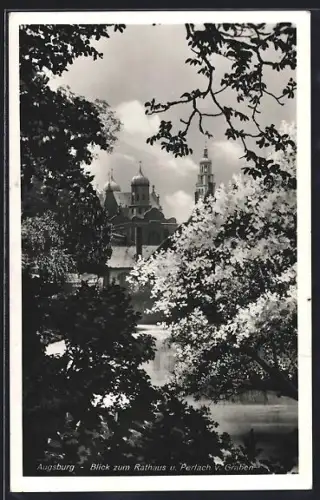 AK Augsburg, Rathaus und Perlach vom Wasser aus
