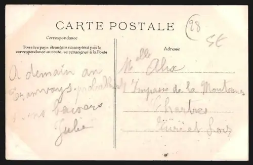 AK Auneau, Un bonjour fleuri avec hirondelles et timbre rouge