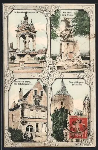 AK Chalon-sur-Saône, Fontaine Monumentale, Monument de la Défense, Maison du XVIe s., Tour et Chapelle du château