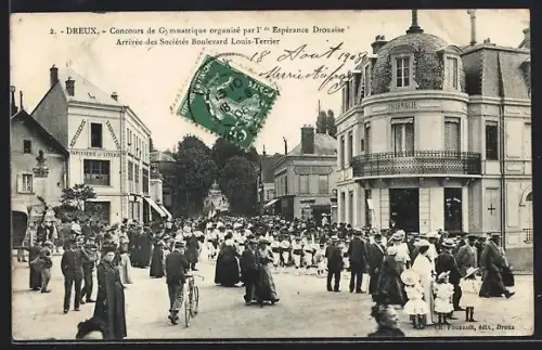 AK Dreux, Concours de Gymnastique organisé par l`Espérance Drouaise, Arrivée des Sociétés Boulevard Louis-Terrier