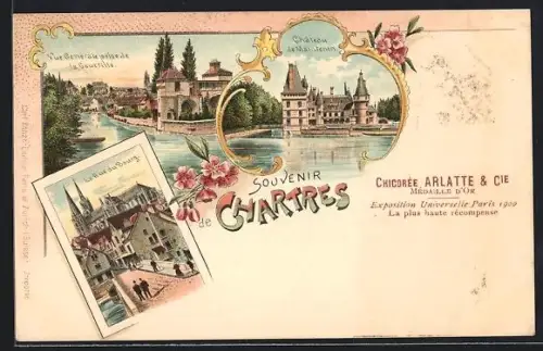 Lithographie Chartres, Souvenir avec vue sur le château et la cathédrale