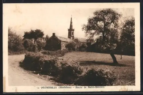 AK Pluherlin /Morbihan, Route de Saint-Gentien et vue sur l`église du village