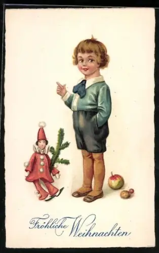 AK Knabe mit Harlekinpuppe, Tannengrün, Apfel, Nüsse, Weihnachtsgruss