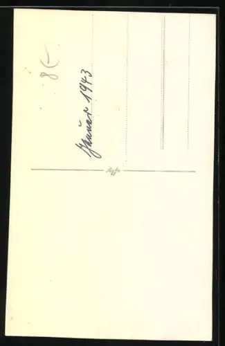 Foto-AK Kleines Mädchen mit Puppe vor einer Hauswand, 1943