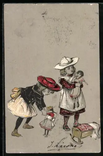 Präge-Lithographie Zwei kleine Puppenmütter mit Puppen und Wiege