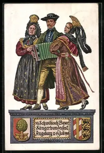 Künstler-AK Augsburg, 10. Schwäbisch-Bayer. Sängerbundesfest 1913, Musiker & Damen in Tracht