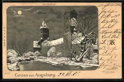 Lithographie Augsburg, Jacobsthor im Schnee