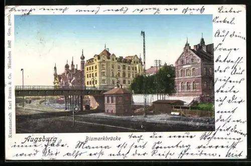 Goldfenster-AK Augsburg, Bismarckbrücke mit leuchtenden Fenstern
