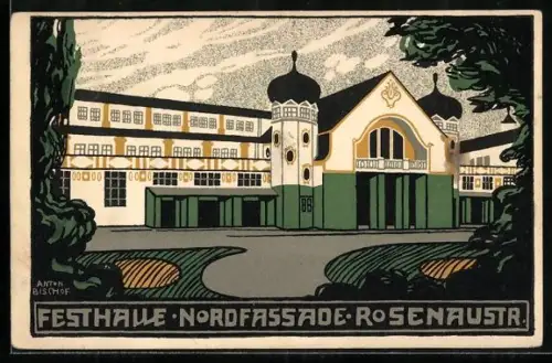 Künstler-AK Augsburg, 57. General-Versammlung der Katholiken Deutschlands 1910, Festhalle in der Rosenaustrasse