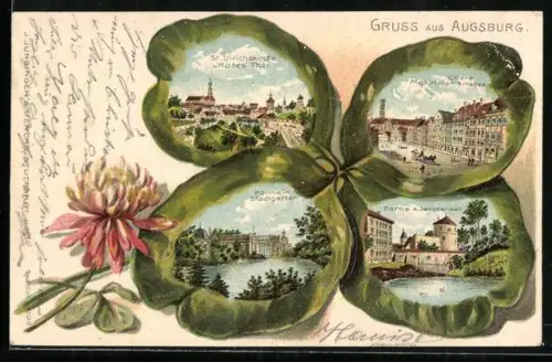 Passepartout-Lithographie Augsburg, St. Ulrichskirche & Rotes Thor, Obere Maximilianstrasse, Parthie im Stadtgarten