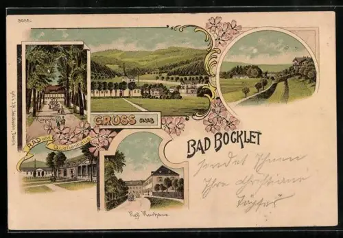 Lithographie Bad Bocklet, Kgl. Kurhaus, Bad und Quellenhaus