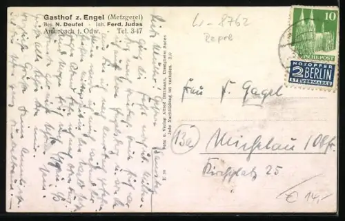 AK Amorbach i. Odw., Gasthof zum Engel mit Garten, Bes. N. Deufel, Totalansicht