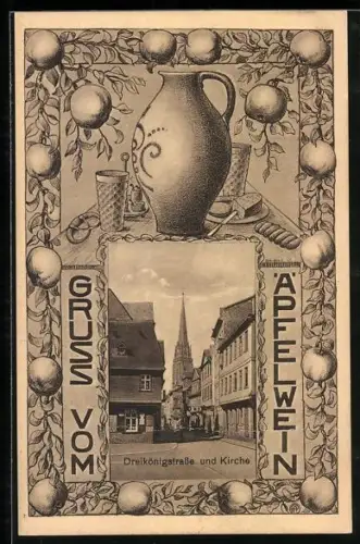 Grusskarten-AK Frankfurt-Sachsenhausen, Gasthaus Äpfelwein, Dreikönigstrasse und Kirche, Passepartout mit Esstisch