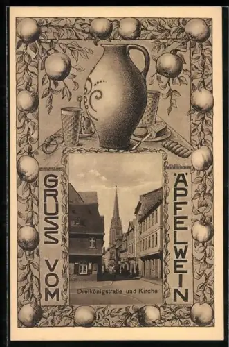 Grusskarten-AK Frankfurt-Sachsenhausen, Gasthaus Äpfelwein, Dreikönigstrasse und Kirche, Passepartout mit Esstisch