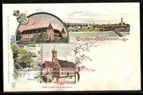 AK Oberndorf am Lech, Schloss, Parksee, Ortsansicht aus der Vogelschau