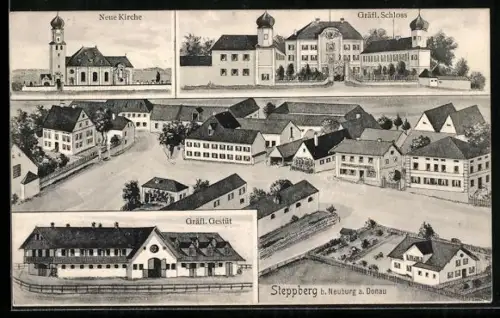 AK Steppberg b. Neuburg, Neue Kirche, Gräfl. Schloss, Gräfl. Gestüt, Ortspartie aus der Vogelschau