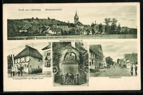AK Lehrberg, Friseurgeschäft Kaspar Kurz, Kriegerdenkmal, Strassenpartie, Gesamtansicht