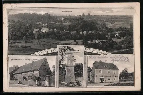 AK Pohlitz-Gieckau, Materialwarenhandlung von Tratsch, Restaurant zur grünen Aue, Kriegerdenkmal