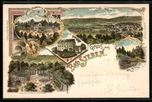 Lithographie Bad Steben, Kurhaus, Wandelhalle, Parkhotel