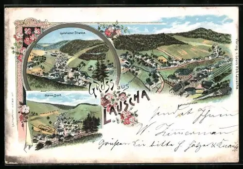 Lithographie Lauscha, Oberes Dorf, Ortsansicht aus der Vogelschau