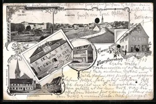 AK Burgfarrnbach, Ortsansicht mit Schloss und Strassenpartie