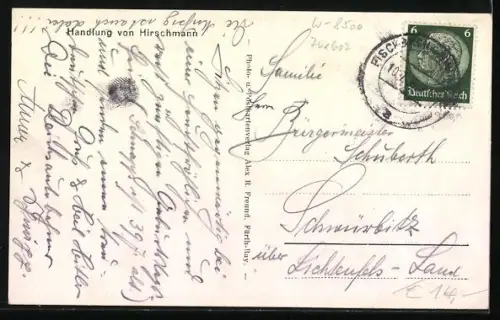 AK Fischbach b. Nbg., Handlung von Hirschmann, Peller-Schloss, Wirtschaft neben der Kirche, Neu Kirche