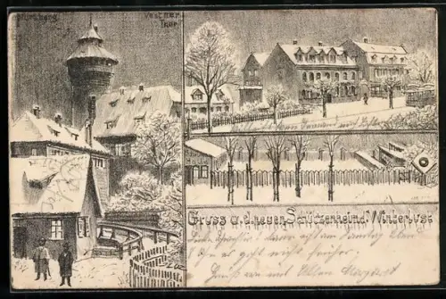 Künstler-AK Nürnberg, Schützenheim Winterslust im Schnee, Vestner Tor