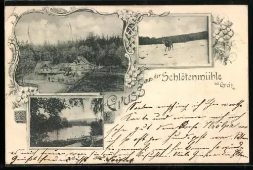AK Greiz, Gasthaus Schlötenmühle am Waldrand, Hirsch auf verschneitem Feld