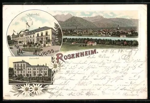 Lithographie Rosenheim, Gesamtansicht und Kaiserbad, Edelweiss