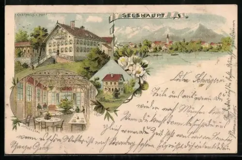 Lithographie Seeshaupt, Gasthaus zur Post, Speisesaal, Ortsansicht vom Wasser aus
