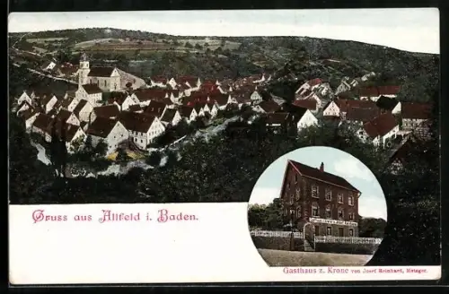 AK Allfeld i. Baden, Gasthaus zur Krone von Josef Reinhard, Ortsansicht vom Berghang aus