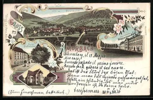 Lithographie Morbach / Pfalz, Hotel Badischer Hof, Conventsbau, Amtsgericht, Totalansicht des Ortes