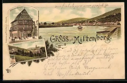 Lithographie Miltenberg, Hotel zum Riesen, Villa Turmeck, Neues Schloss