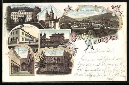 Lithographie Amorbach, Fürstliches Palais, Abteikirche, Bahnhof, Gotthard-Ruine, Ruine Wildenfels