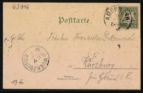 Lithographie Amorbach, Fürstliches Palais, Abteikirche, Bahnhof, Gotthard-Ruine, Ruine Wildenfels