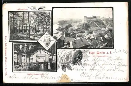 AK Wettin a. S., Schützenhaus, Saal im Schützenhaus, Ortsansicht aus der Vogelschau