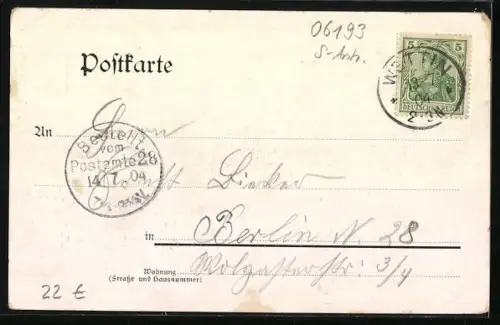 AK Wettin a. S., Schützenhaus, Saal im Schützenhaus, Ortsansicht aus der Vogelschau